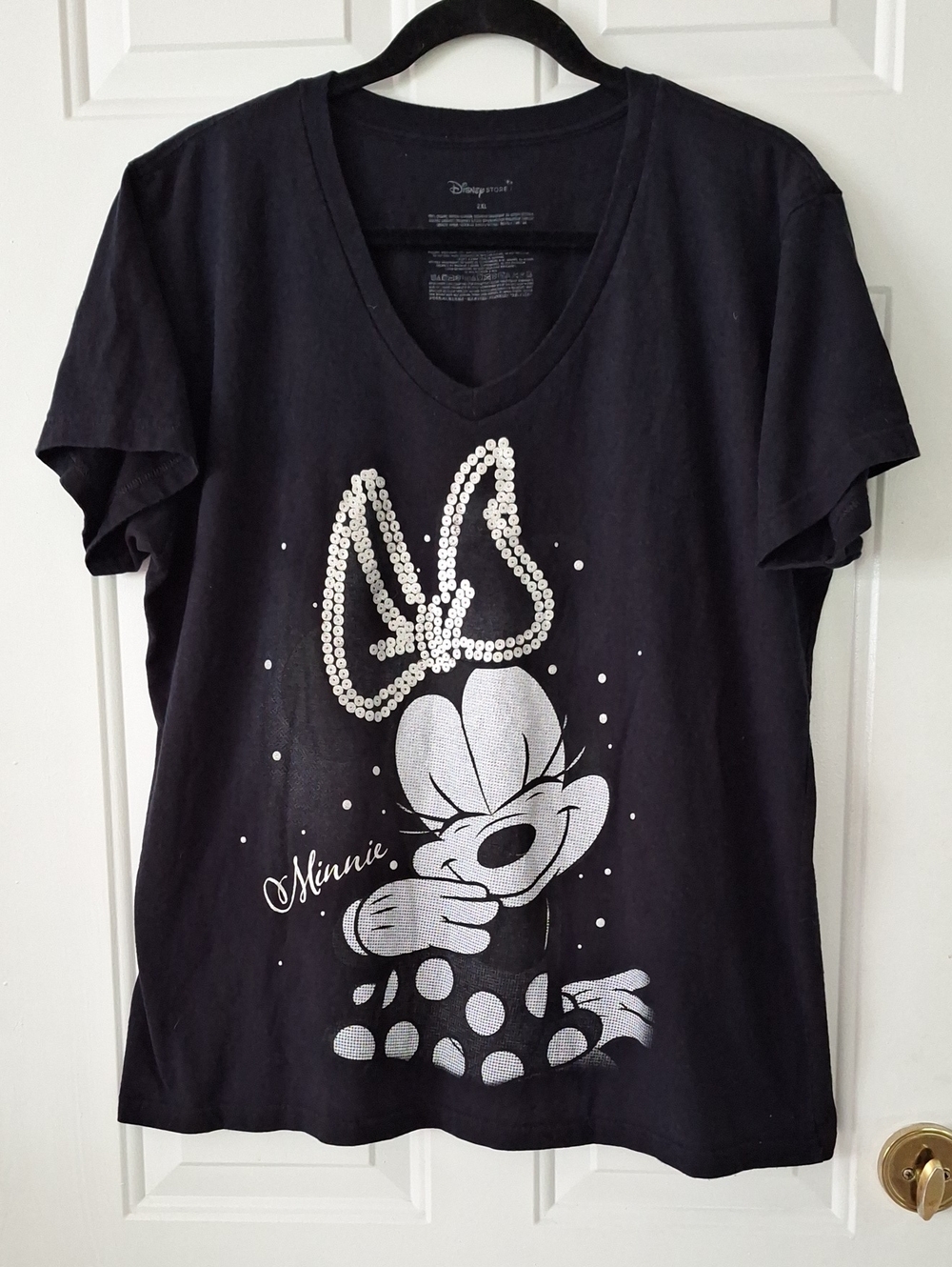 Disney Black Minnie Mouse V-Neck Tee with Printed Sequin Bow Accent